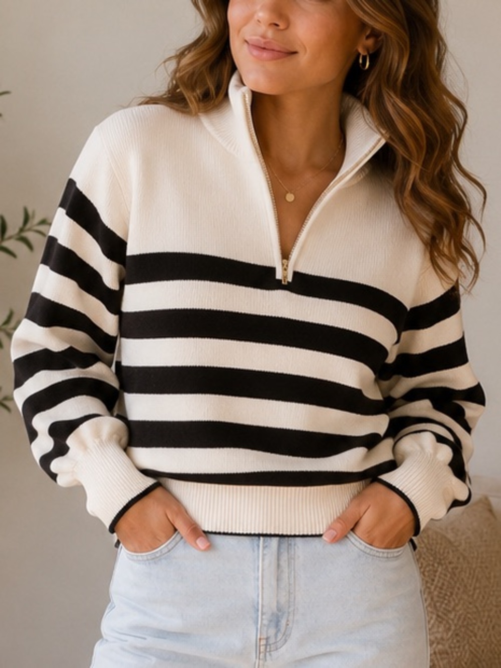 J. Crew Black & White Striped Half-Zip Turtleneck Sweater